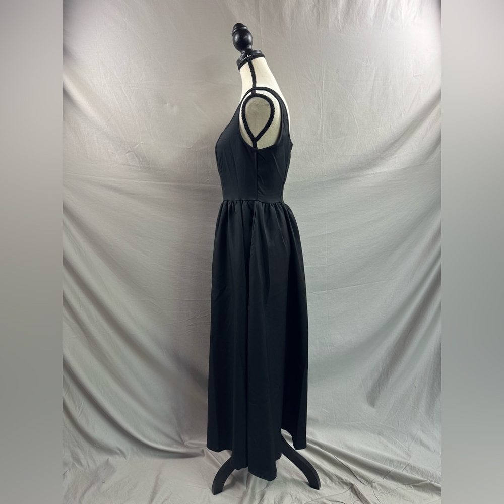 Classic Sleeveless V-Neck Ruffled Waist Fitted Midi Dress Black - Picture 11 of 11